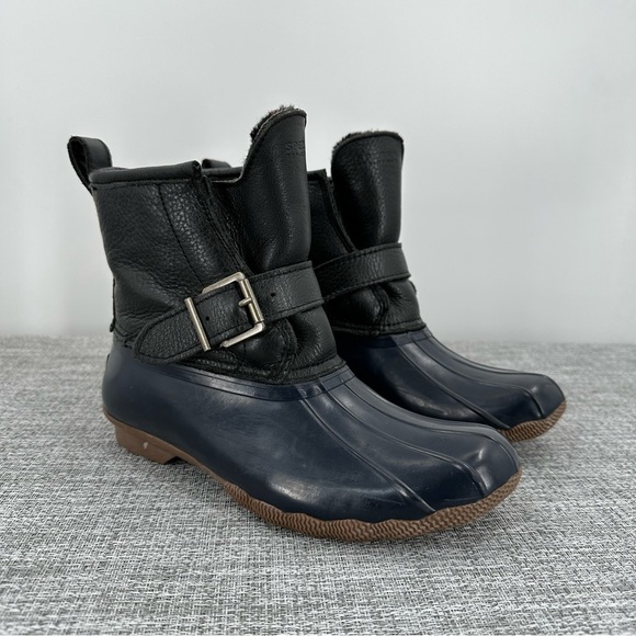 Sperry J Crew Blue Black buckle‎ wool Shearling Lined waterproof Duck Boots sz 6 - Picture 1 of 14